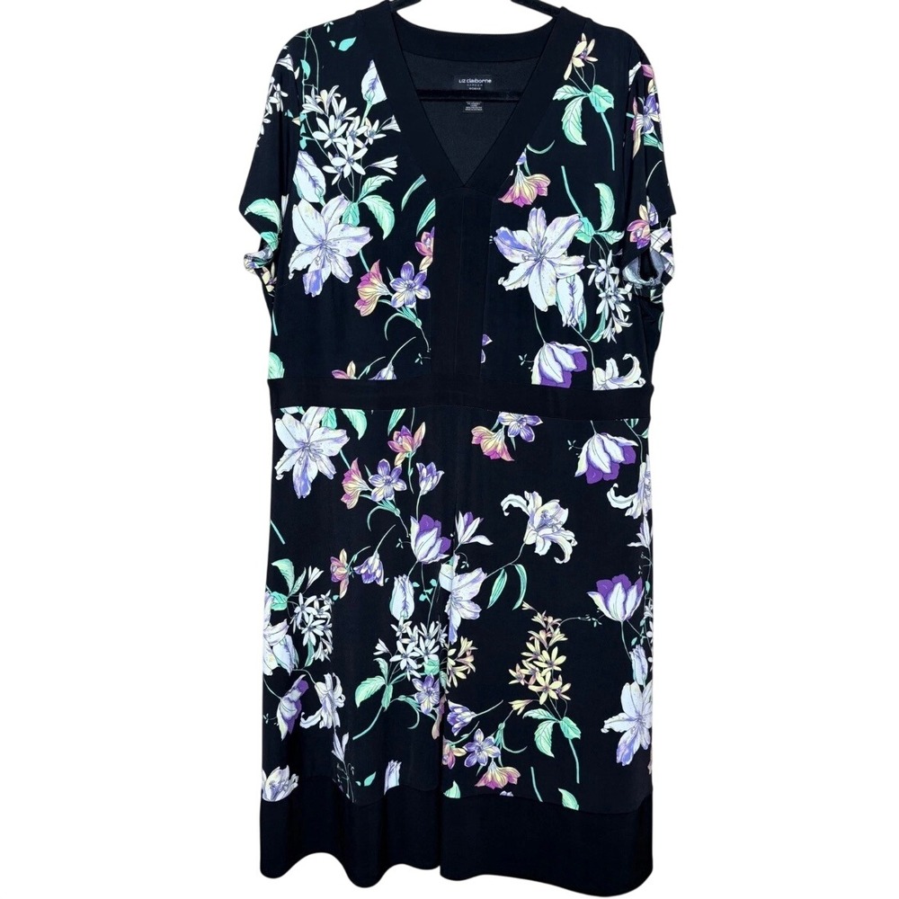 Liz Claiborne Career Woman 0X Black Floral V-Neck Sheath Dress Plus Size Modest